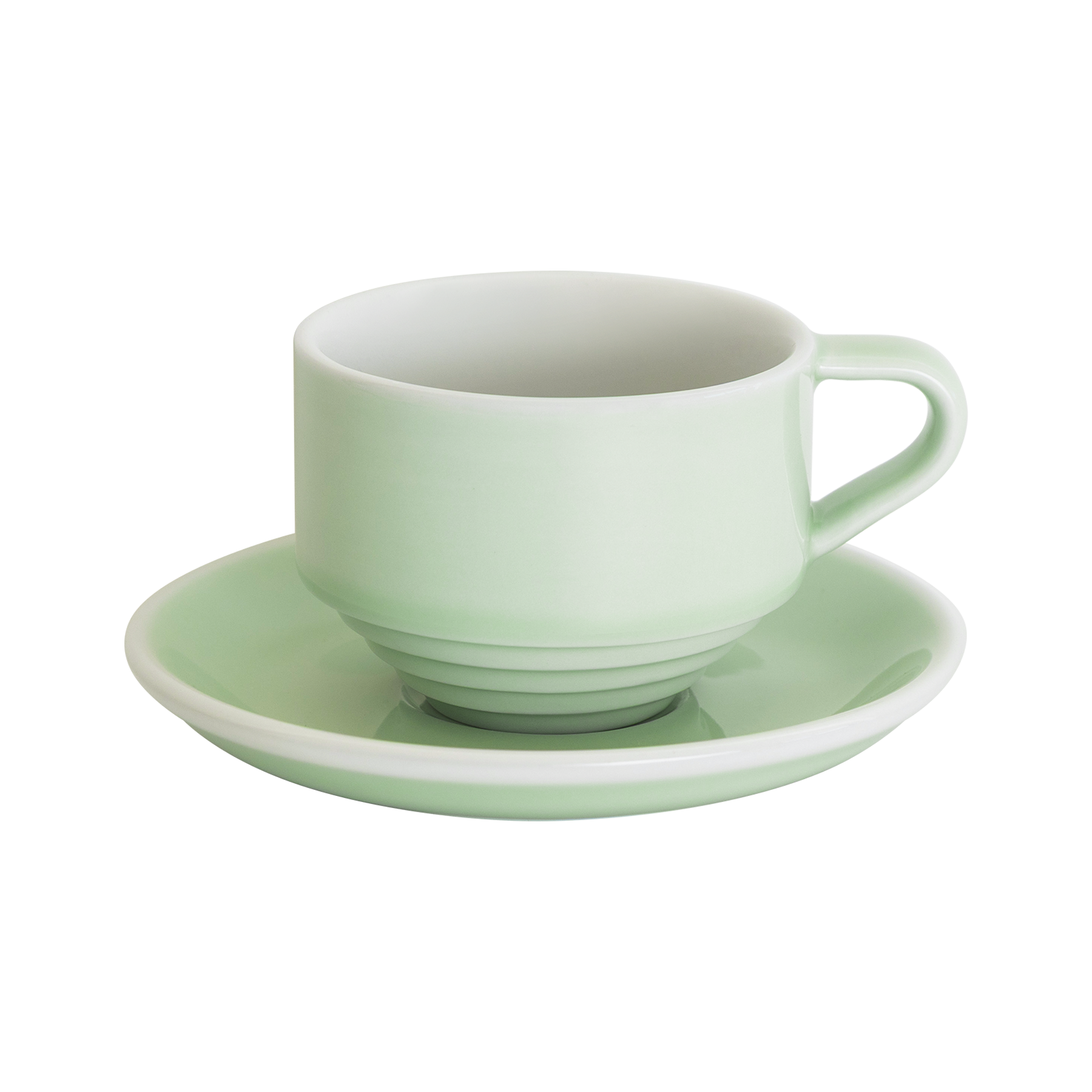 Loveramics Deco 165ml flat white coffee cup and 13cm saucer set in celadon green glaze, stackable artisan ceramic cup for latte art
