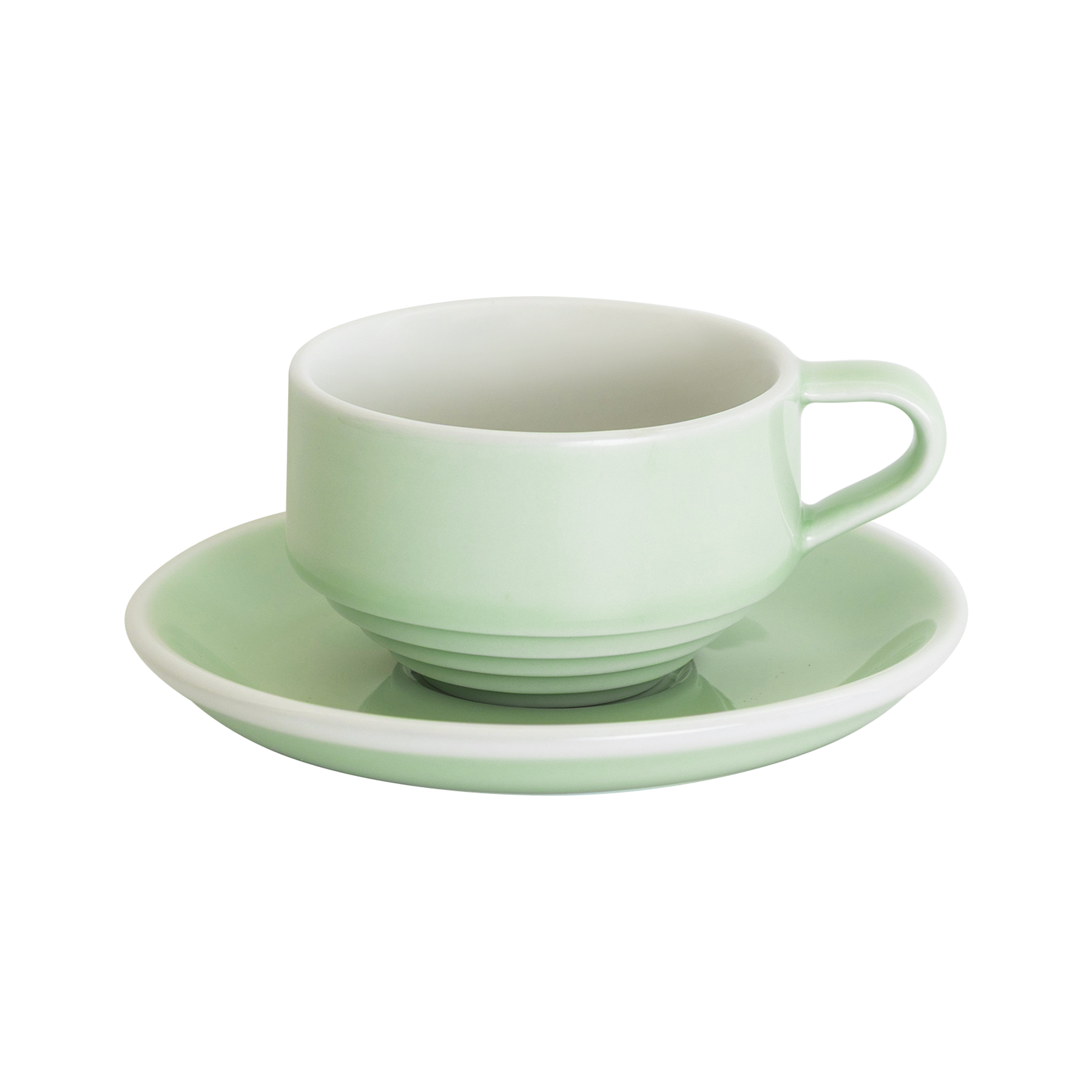 Loveramics Deco 120ml stackable cortado ceramic coffee cup and 13cm shared saucer in celadon green glaze