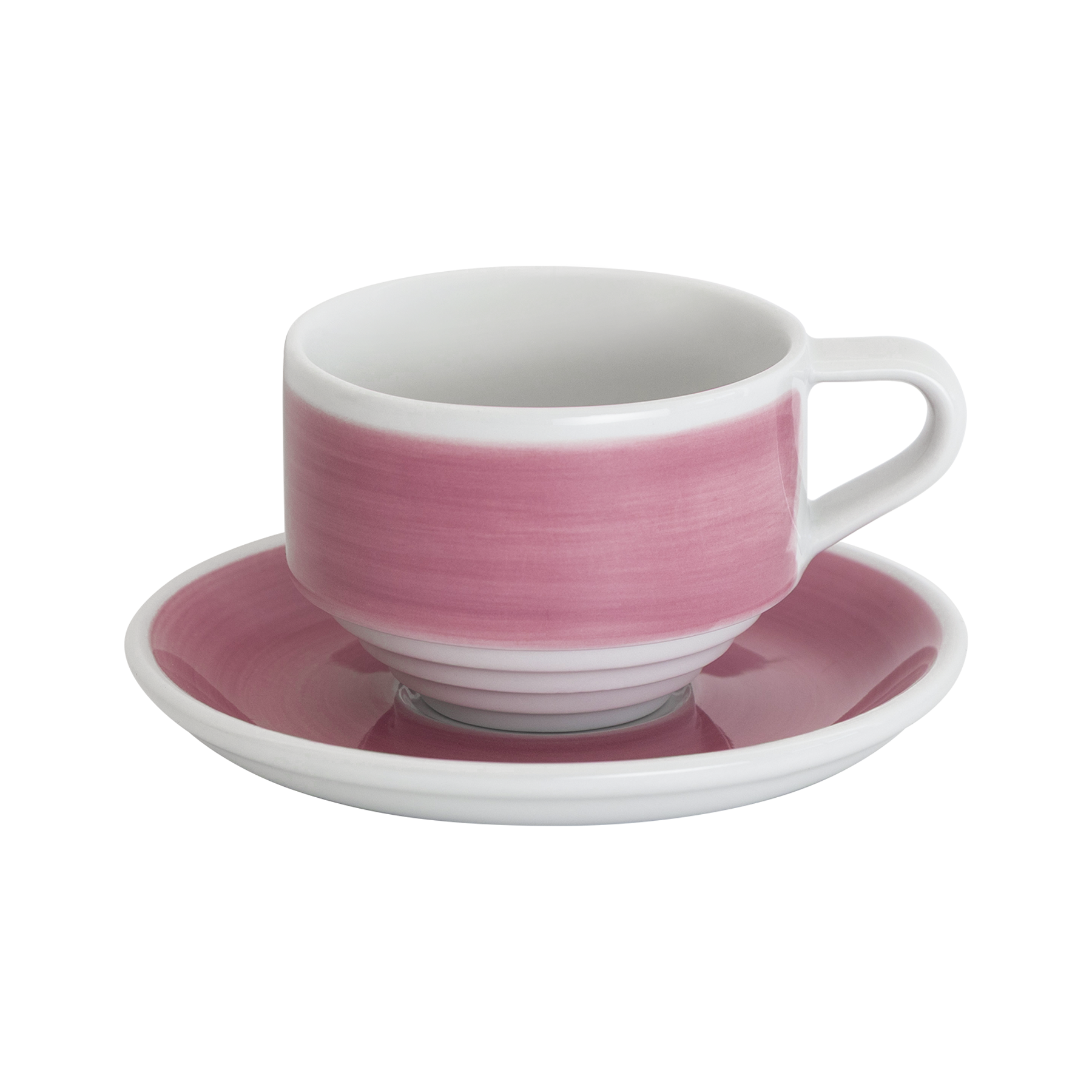 Loveramics Deco 165ml flat white coffee cup and 13cm saucer set in pink hand-painted glaze, stackable ceramic coffee cup for modern café style