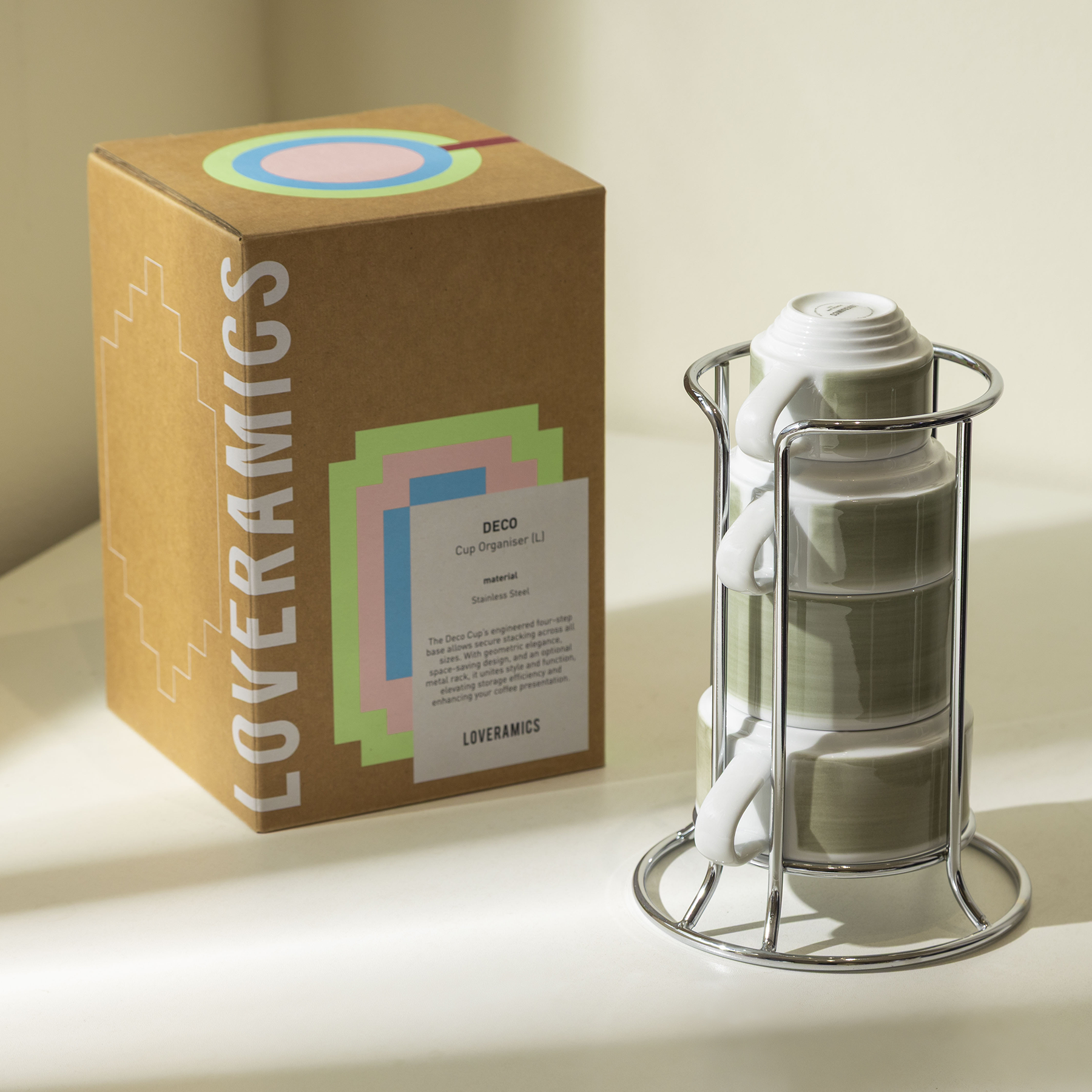 Loveramics Deco Experience Set of 4 porcelain stacking cups with organiser in grey hand-painted glaze, including 220ml cappuccino, 200ml handle-less, 120ml cortado, and 60ml espresso cups ideal for café service and latte art