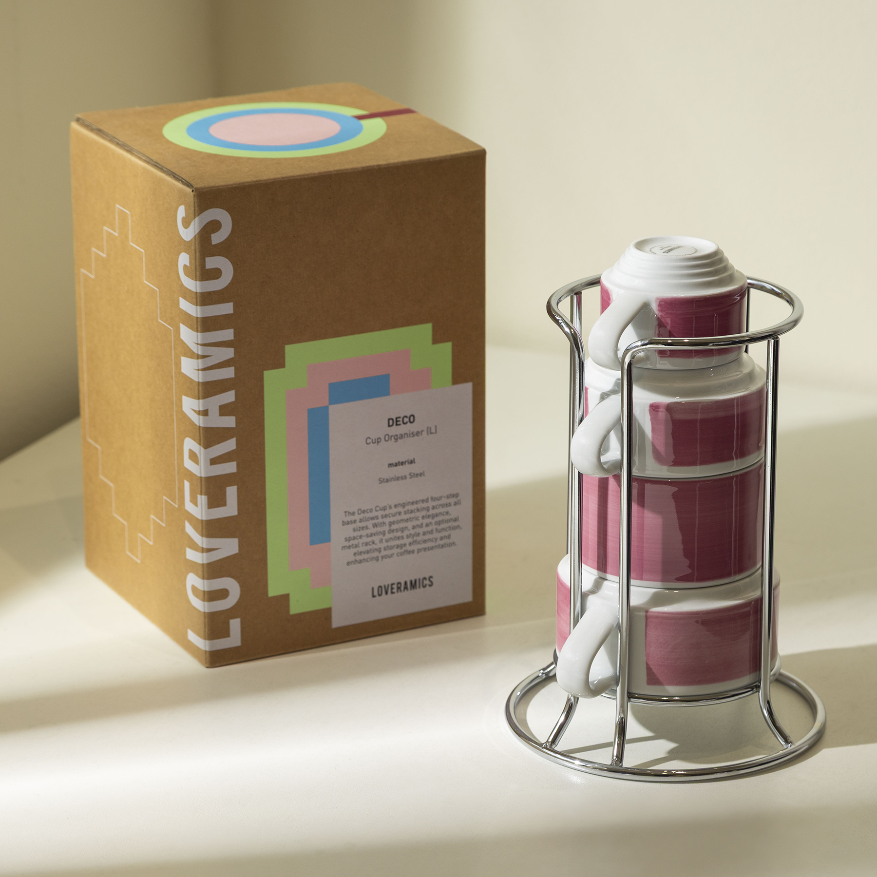 Loveramics Deco Experience Set of 4 porcelain stacking cups with organiser in pink hand-painted glaze, stackable design including 220ml cappuccino, 200ml cupping cup, 120ml cortado, and 60ml espresso cups